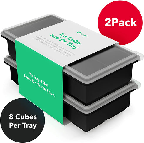Vremi Stackable Large Ice Cube Trays ” Pack of 2 Silicone Trays ” 8 Cubes per Tray ” Ideal for Cocktails, Frozen Treats, Soups, Sauces, and Baby Food ” BPA Free with Frost Resistant Lids ” Black