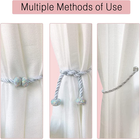 Bling Magnetic Curtain Tiebacks, Decorative Curtain Holdbacks, Crystal Tie Backs for Curtains, Curtain Holders for Window Draperies - 16 inch, Grace, Simplicity & Elegance (Silver, 4)