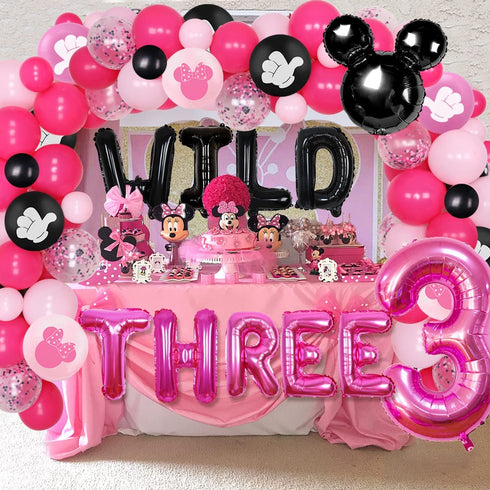Cartoon Mouse 3rd Birthday Decorations Party Supplies for 3 Years Old Girls Balloon Garland Arch Kit with Wild Three Cartoon Mouse Theme Number 3 Balloon