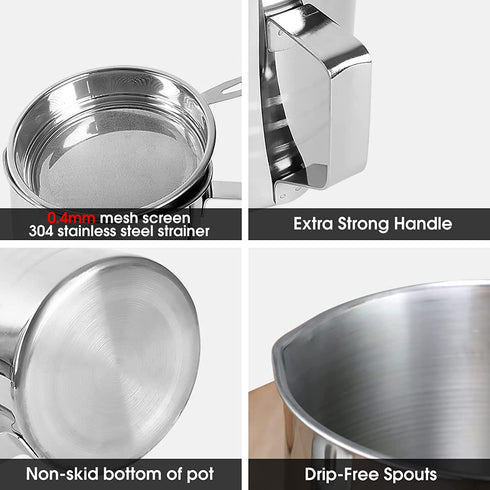 Chihee Oil Strainer Pot Grease Can, 1.2 L Stainless Steel Oil Storage Can Container with Fine Mesh Strainer, Suitable for Storing Frying Oil and Cooking Grease