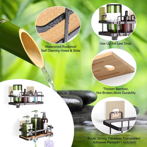 Keebofly Shower Caddy Bathroom Shower Organizer Shelf with Hooks,2 Pack,Shower Rack Wall Mount Self Adhesive Hanging,Rustproof Bamboo Basket,No Drilling Shower Storage Holder for Bathroom Shower Kitchen Black