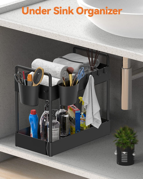 Warmodern Under Sink Organizer, 2 Tier Bathroom Organizer Under Sink, Kitchen Cabinet Organizers Baskets with 4Hooks,2 Handles and 2 Hanging Cups, Multifunction Under Sink Storage for Bathroom Kitchen