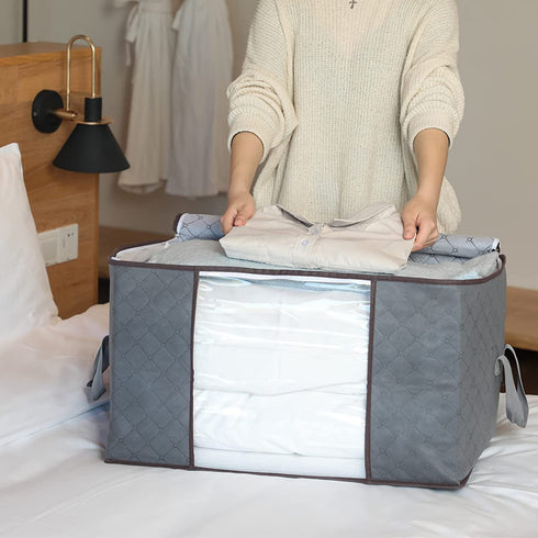 DOKEHOM 3-Pieces 90L Large Clothes Storage Bag Organizer with Reinforced Handle for Comforters, Blankets, Bedding, Collapsible Under Bed Storage (Grey)