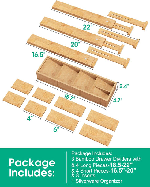 Bamboo Drawer Dividers with 8 Inserts, 16.5-22", Kitchen Drawer Organizer Box for Silverware Utensil, Expandable & Adjustable Drawer Dividers for Home, Office, Dressers, and Bathroom