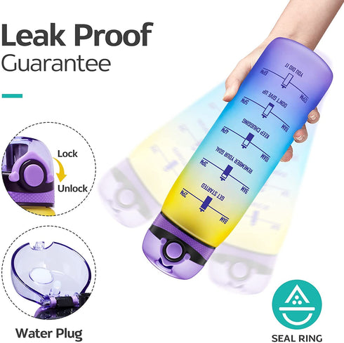 Elvira 32oz Motivational Water Bottle with Time Marker & Removable Fruit Infuser, Leakproof BPA Free Wide Mouth, Ensure You Drink Enough Water Daily for Fitness and Outdoor Activity