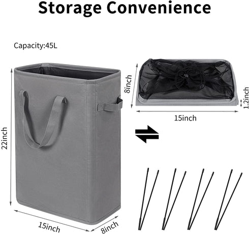 ZERO JET LAG Slim Laundry Hamper Handles Collapsible Laundry Basket Thin Dirty Clothes Basket Narrow Laundry Bag Foldable Dirty Hamper 45L (21 inches,Grey)