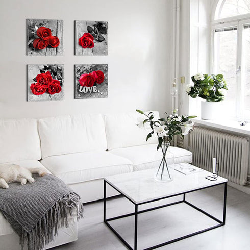 Red Rose Bathroom Wall Art Black and White Flower Canvas Prints Picture Bedroom Wall Decor Aesthetic Floral Painting Modern Romantic Kitchen Artwork Poster Decorations Wooden Framed 8x8 Set of 4