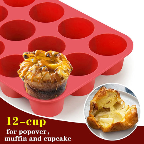 12-Cup Silicone Popover Pans, Professional Popover Pan for Popovers, Non-Stick Popover Pans for Muffins, Brownies and Baking
