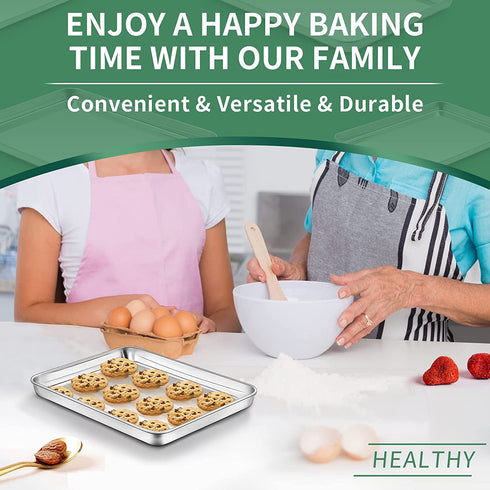 Baking Sheets Set of 2, HKJ Chef Cookie Sheets 2 Pieces Stainless Steel Baking Pans & Toaster Oven Tray Pans, Rectangle Size 9L x 7W x 1H inch & Non Toxic & Healthy & Easy Clean