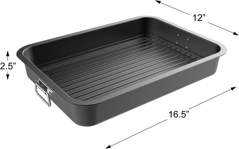 Roasting Pan with Flat Rack-Nonstick Oven Roaster and Removable Tray-Drain Fat and Grease for Healthier Cooking-Kitchen Cookware by Classic Cuisine, Black, 16.5 inch