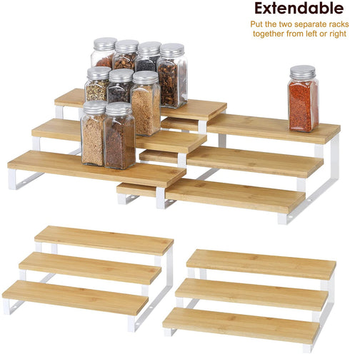 MOOACE 3 Tier Expandable Spice Organizer (15.35"-22.2"L), Bamboo Spice Rack Organizer for Cabinet Countertop Pantry, Set of 2 (White)