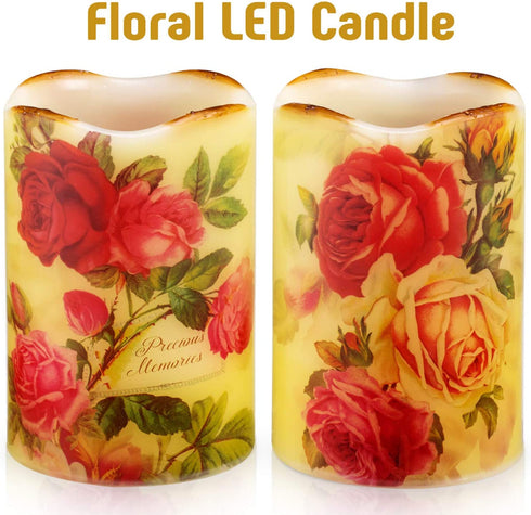 Flameless Candle Flickering Rustic Roses Battery Operated LED Candle Real Wax Pillar with Remote Timer, Home Decor Dripless Flower Candle