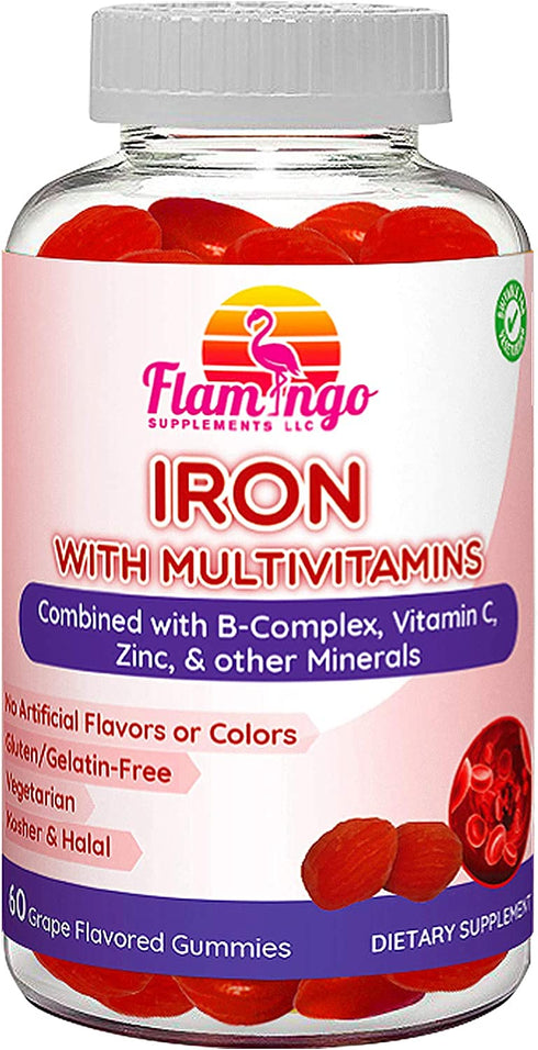 Iron Gummies Plus Multivitamin- Vitamin C, Zinc, B Complex, and Biotin for Fatigue, Anemia, Pregnancy. Good for Vegans and Vegetarians, Women, Kids, and Men. Grape Flavor. 60 Count