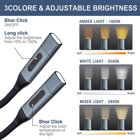 Vekkia Rechargeable-Neck-Reading-Light-Amber,Book-Light for Reading in Bed,3 Colors,8LED,Adjustable Brightness Levels,Bendable Arms,Long Lasting.Perfect for Bookworms.