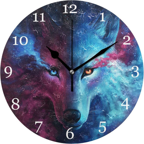 KUWT Galaxy Wolf Wall Clock Silent Non-Ticking, 9.5 Inch Round Wall Clock Battery Operated Wolf Clock Decor for Boys Room Home Wall Bathroom Kitchen Bedroom Living Room Office Classroom Patio