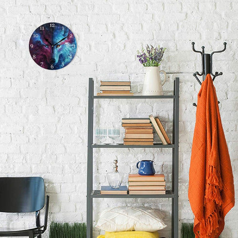 KUWT Galaxy Wolf Wall Clock Silent Non-Ticking, 9.5 Inch Round Wall Clock Battery Operated Wolf Clock Decor for Boys Room Home Wall Bathroom Kitchen Bedroom Living Room Office Classroom Patio