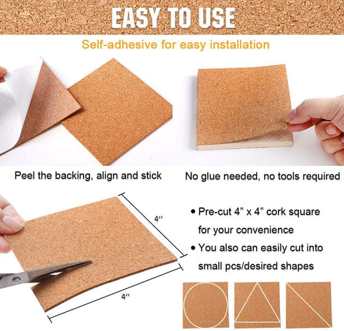 Self-Adhesive Cork Squares 110 PCS Cork Adhesive Sheets 4 x 4 Inch for Coasters and DIY Crafts, Cork Board Squares Cork Backing Sheets Mini Wall Cork Tiles Mat with Strong Adhesive
