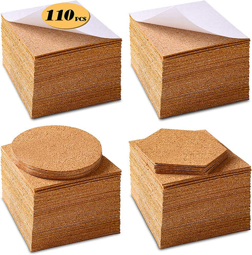 Self-Adhesive Cork Squares 110 PCS Cork Adhesive Sheets 4 x 4 Inch for Coasters and DIY Crafts, Cork Board Squares Cork Backing Sheets Mini Wall Cork Tiles Mat with Strong Adhesive