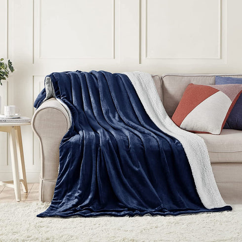 Comaza Sherpa Fleece Throw Blanket - Navy Blue Reversible Thick Blanket Extra Soft Warm & Cozy Microfiber Blanket (50x60 inches)