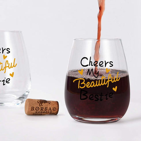 Cheers My Beautiful Bestie Stemless Wine Glass Friends Women Female Girls Sister BFF Bestie Wine Lover Birthday Christmas, Funny Friendship Wine Gifts for Best Friend, 15 Oz