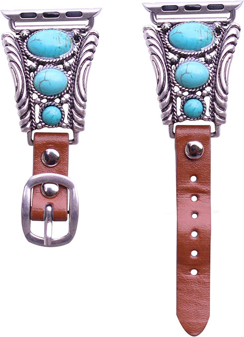 38mm, 40mm, 41mm compatible for Apple Watch Series 8,7,6,5,4, and SE Small Versions, Western Design Faux Turquoise Genuine Leather Band No.9