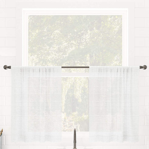Clean Window Textured Slub Stripe Anti-Dust Allergy/Pet Friendly Sheer Cafe Curtain, 52" x 36" Kitchen Tier Pair, White