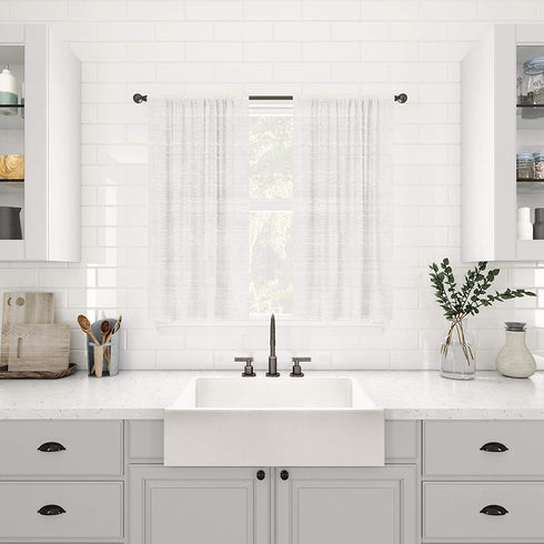 Clean Window Textured Slub Stripe Anti-Dust Allergy/Pet Friendly Sheer Cafe Curtain, 52" x 36" Kitchen Tier Pair, White