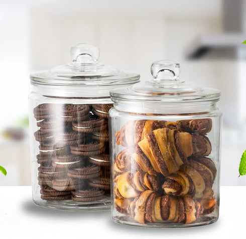 Glass Storage Jar with Lids,35-OZ Clear Food Storage Containers- Airtight Food Jars for Flour, Snacks,Cookies, Candy(Set of 2)