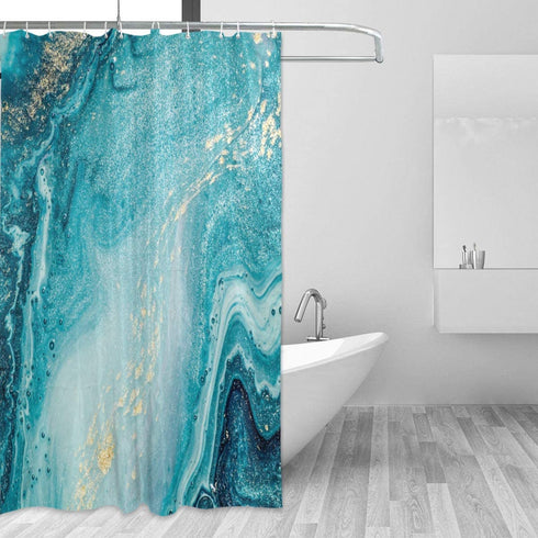 Marble Shower Curtain Natural Luxury Ocean Art The Ripples of Agate with Beautiful Blue Paint and Gold Powder for Bathroom Decor Polyester Fabric Waterproof Shower Curtains Set with 12 Hooks
