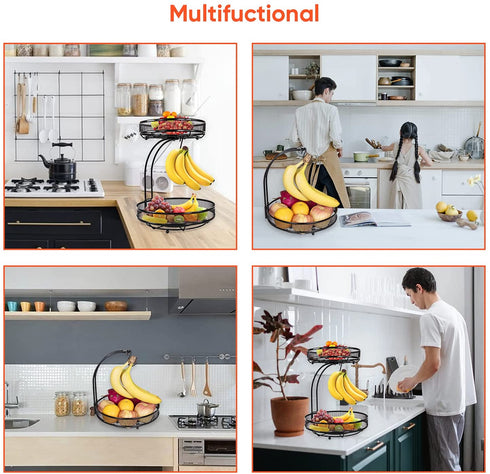 Gbasics Fruit Basket, 2 Tiers Fruit Bowl with Banana Hanger, Detachable Design Kitchen Countertop Organizer for Fruit Vegetable Storage
