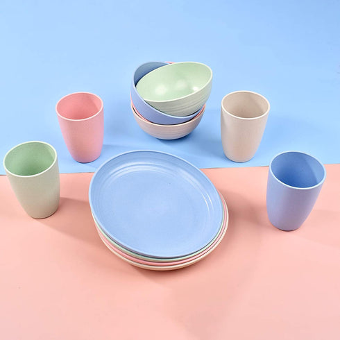 Lnrkai Dinnerware Sets of Wheat Straw Unbreakable, 12 PCS Lightweight Plates, Bowls, Cups Sets, (/4 per), Reusable Plastic Cereal Camping Dinnerware Set, Easy to Wash, Microwave Safe (4 colors)