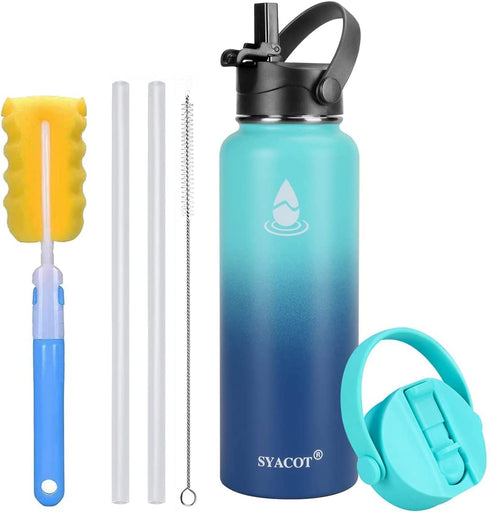 SYACOT 40 oz Stainless Steel Water Bottle, Insulated Double Wall Vacuum Leak Proof Water Flask, Metal Thermo Canteen Mug €”Wide Mouth with 2 Straw Lids(40 oz, Mint/Cobalt)