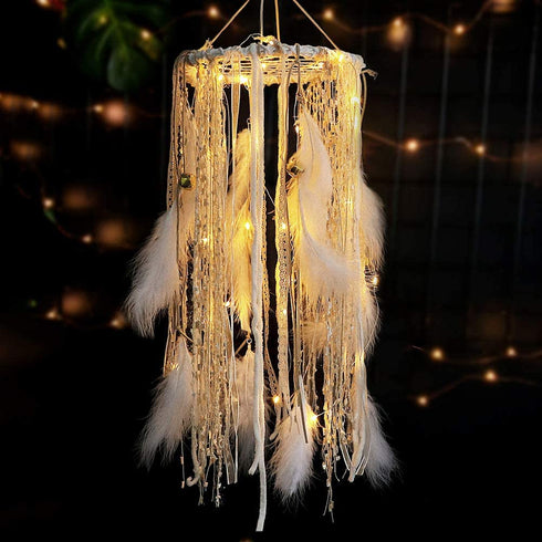 Dream Catcher Mobile Large Light Up Dream Catchers with Golden Shining Lace& Bells LED Fairy Lights Battery Powered Hanging Ornaments- 7.9Wx 22L Inches Feathers Wedding Boho Decorations Nursery Decor