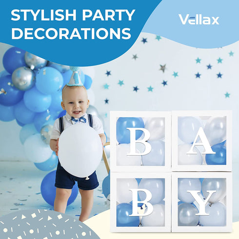 Baby Blocks for Baby Shower Party Decorations - Baby Shower Box Set of 45 pcs, 33 Blue Silver White Ballons, 4 Clear Blocks, 8 Letters - Balloon Boxes for Boys and Girls Birthday & Gender Reveal Backdrop