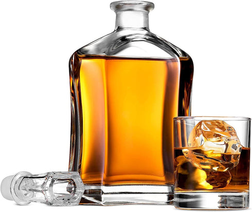 Paksh Capitol Glass Decanter with Airtight Geometric Stopper - Whiskey Decanter for Wine, Bourbon, Brandy, Liquor, Juice, Water, Mouthwash. Italian Glass | 23.75 oz