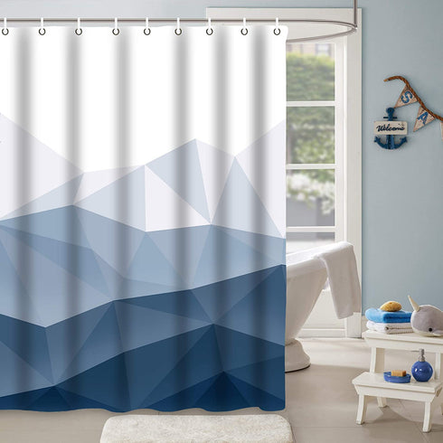 Accnicc Blue Fabric Shower Curtain Set, Navy Ombre Geometric Mountain Cloth Bathroom Curtain, Modern Decorative Bath Curtain (Blue, 72'' × 72'')