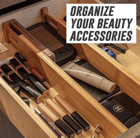 Lawei 4 Pack Bamboo Drawer Dividers - Adjustable Expandable Drawer Organizers Spring Loaded Drawer Separators for Kitchen Office Room Drawer