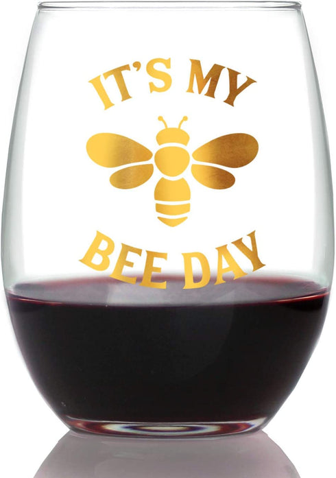 Bee Day - Funny Birthday Stemless Wine Glass for Women and Men - Bumblebee Bday Gifts Party Decor - Large 15 oz - Gold