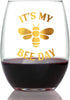 Bee Day - Funny Birthday Stemless Wine Glass for Women and Men - Bumblebee Bday Gifts Party Decor - Large 15 oz - Gold