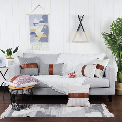 MANDIOO Pack of 2 Farmhouse Decorative Throw Pillow Covers Boho Accent Cushion Cases Pillowcases for Couch Sofa Bedroom Faux Leather Cotton Linen Stripe 20x20 Inches Black