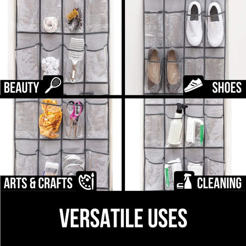 Gorilla Grip Crystal Clear Large 24 Pocket Shoe Organizer, Holds Up to 40 Pounds, Sturdy Hooks, Space Saving, Over Door, Storage Rack Hangs on Closets for Shoes, Sneakers or Accessories, Gray