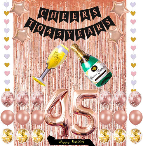 Cheers To 45 Years Banner and Balloons Happy 45th Birthday Sash and 45th Number for 45 Years Old and Anniversary Party Decorations
