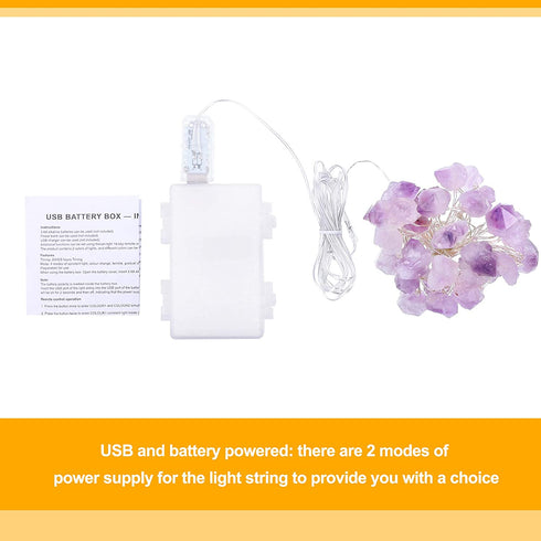 Decorative String Lights, Fluorite Amethyst String Lights Natural Crystal Light 10 ft 30 LEDs Fairy String Light Dreamy Crystal Decoration with USB and Battery Powered for Bedroom (Purple Amethyst)