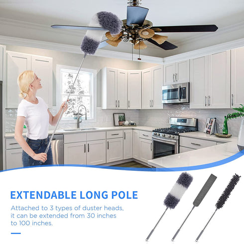 Dusters for Cleaning, Extendable Microfiber Duster with Extension Pole 30 to 100 Inches, Reusable Bendable Dusters Long Feather Duster Kit for Cleaning High Ceiling Fan, Lamp, Furniture, Blinds, Car