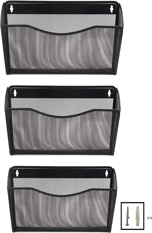 EasyPAG Hanging File Organizer Mesh 3 Single Pockets Wall File Holder Office Document Magazine Folder Rack ,Black