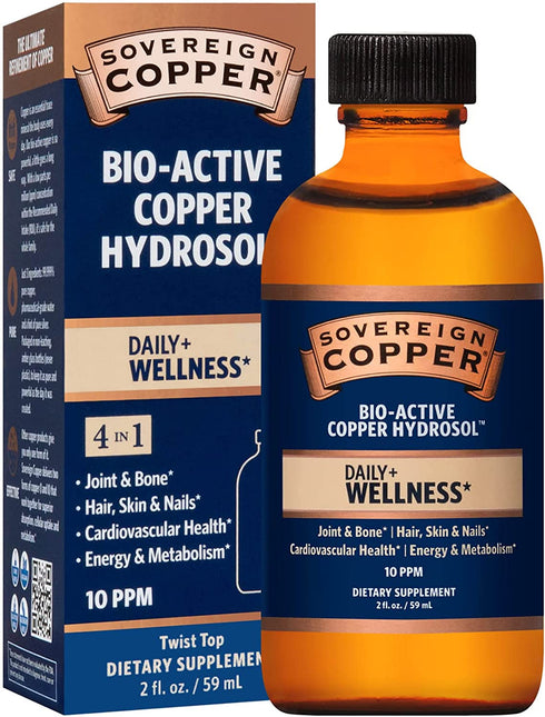 Sovereign Copper Bio-Active Copper Hydrosol, Daily+ 4-in-1 Wellness Supplement for Joint and Bone*, Hair, Skin and Nails*, Cardiovascular Health* and Energy and Metabolism Support*, 2oz