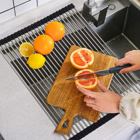 SunCleanse 17.8L—15W Roll Up Dish Drying Rack, Large Over Sink Dish Drying Rack Drainer, Multi-Use Stainless Steel Foldable Dish Rack for Kitchen Sink Countertop, Black