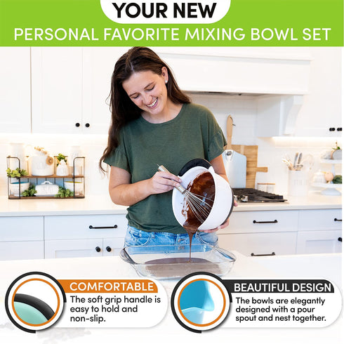 Spring Chef - Mixing Bowls with Soft Grip Handles, Prep Bowls for Baking and Cooking, Mixing Bowl with Pour Spout and Non-skid Bottom, Set of 3, Blue, Mint and White