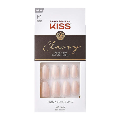 KISS Classy French Nail Manicure Kit with Gel Finish, Medium, Coffin Shaped, “Cozy Meets Cute”, Nail Kit Includes Pink Nail Glue (Net Wt. 2 g / 0.07oz.), Mini File, Manicure Stick, and 28 Fake Nails