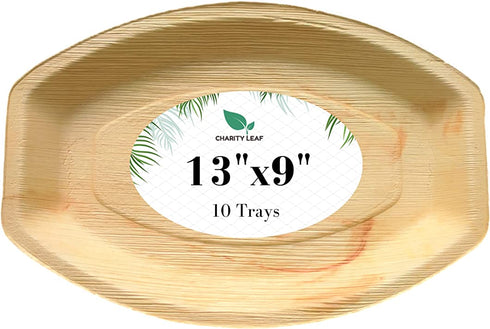 Charity Leaf Disposable Palm Leaf Tray Like Bamboo Serving Tray and Platter | All Natural and Biodegradable | Weddings, Charcuterie Boards, BBQs, and Parties | Oval (10 trays) (13" x 9")